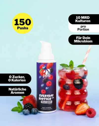 LiqVits fluessige Nahrungsergaenzungsmittel Everyday Biotics 10B Wild Berry -10 Mrd Darmkulturen fuer das Mikrobiom- 150 Pushs-Darm der Zukunft Technologie