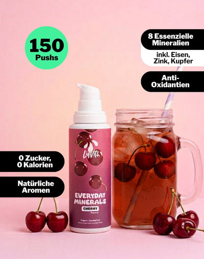 LiqVits fluessige Nahrungsergaenzungsmittel Everyday Minerals Cherry - 150 Pushes Überblick - Eisen, Zink, Kupfer Komplex für Bindegewebe, für das Immunsystem, Sauerstoff