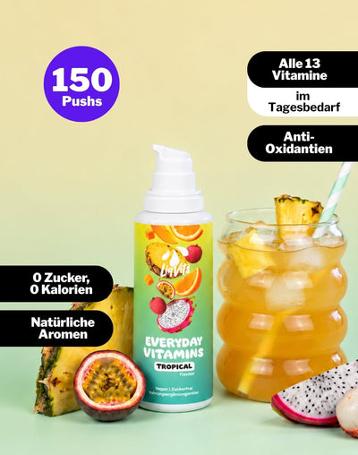LiqVits fluessige Nahrungsergaenzungsmittel Everyday Vitamins Tropcal - Main Image 150 Pushes - Für Stoffwechsel, für das Immunsystem mit allen 13 Vitaminen wie Vitamin C, Vitamin A, Vitamin D+K in min. 100% Tagesbedarf