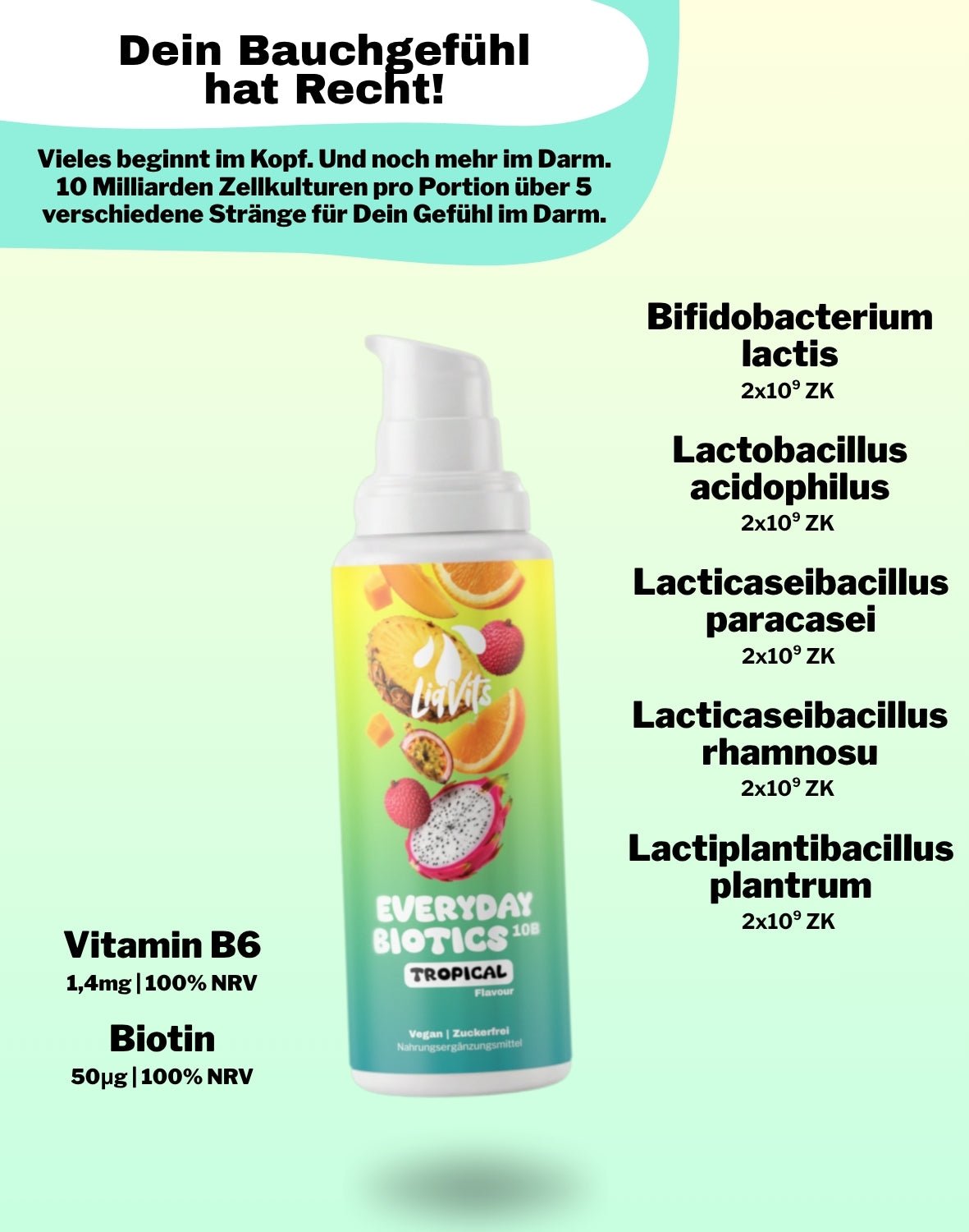 LiqVits fluessige Nahrungsergaenzungsmittel Everyday Biotics 10B Tropical -10 Mrd Darmkulturen fuer das Mikrobiom- Inhaltsstoffe mit NRV -Darm der Zukunft Technologie