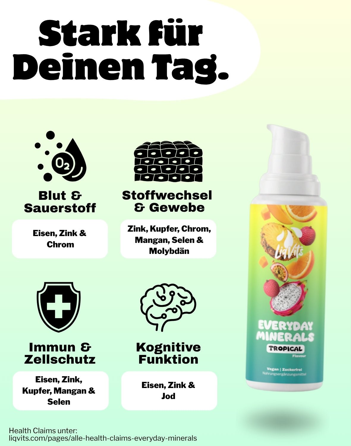 LiqVits fluessige Nahrungsergaenzungsmittel Everyday Minerals Tropical - Stark für Deinen Tag - Eisen, Zink, Kupfer Komplex für Bindegewebe, für das Immunsystem