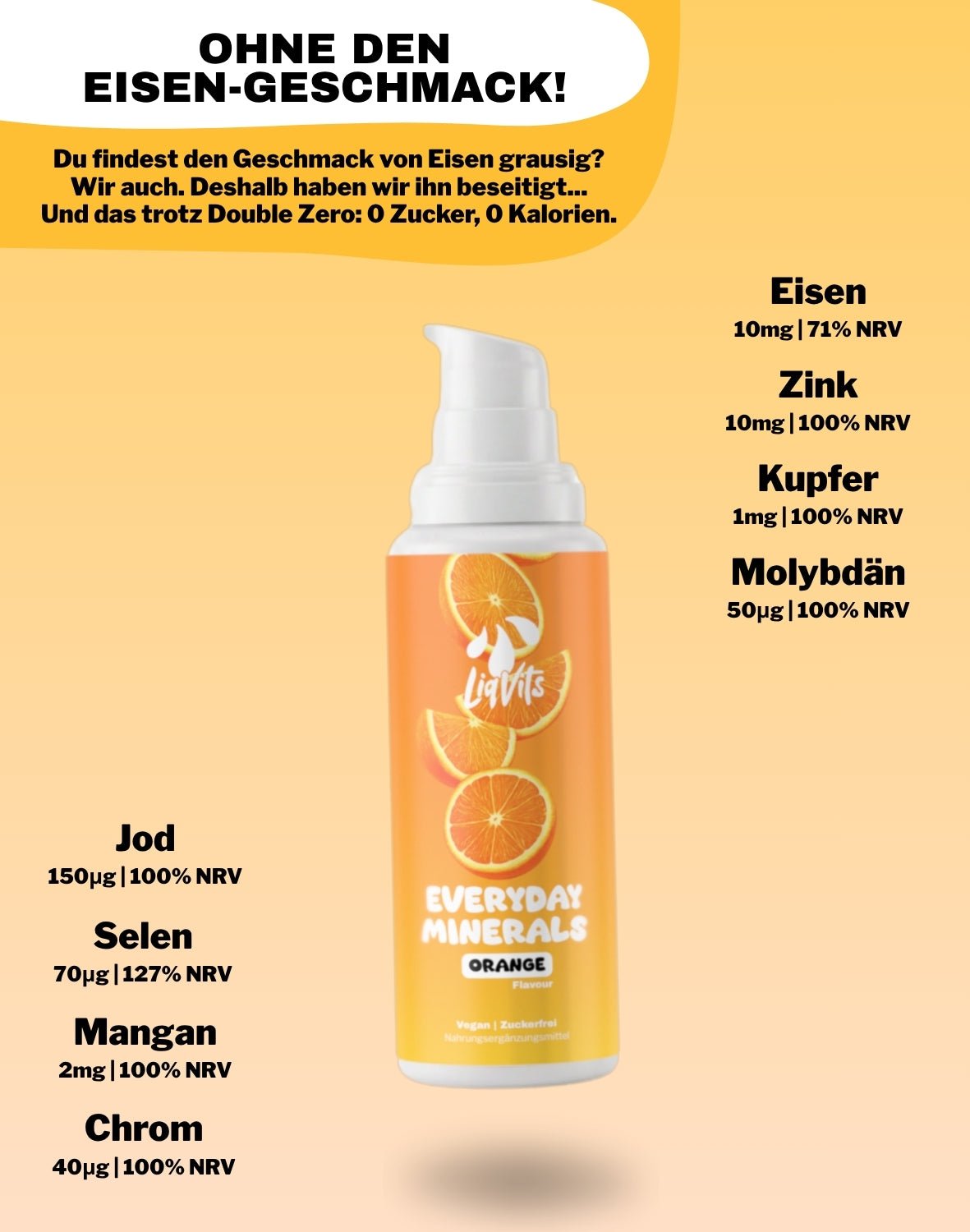 LiqVits fluessige Nahrungsergaenzungsmittel Everyday Minerals Orange - Ohne metallischen Eisengeschmack NRV- Eisen, Zink, Kupfer Komplex für Bindegewebe, für das Immunsystem
