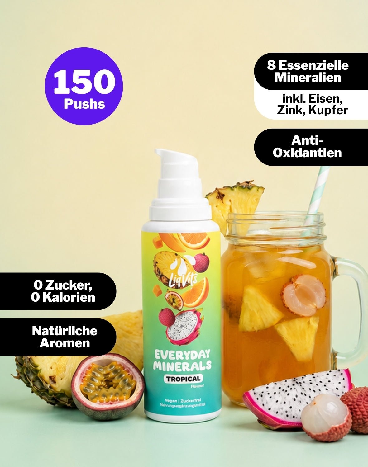 LiqVits fluessige Nahrungsergaenzungsmittel Everyday Minerals Tropical - 150 Pushes Überblick - Eisen, Zink, Kupfer Komplex für Bindegewebe, für das Immunsystem, Sauerstoff