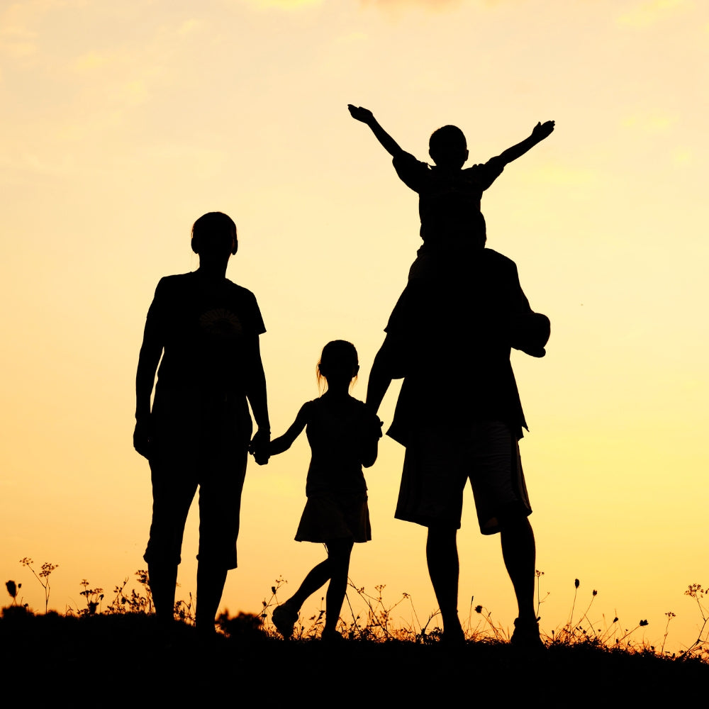 Stockphoto mit Silhouetten einer ganzen Familie die glücklich zu sein scheint